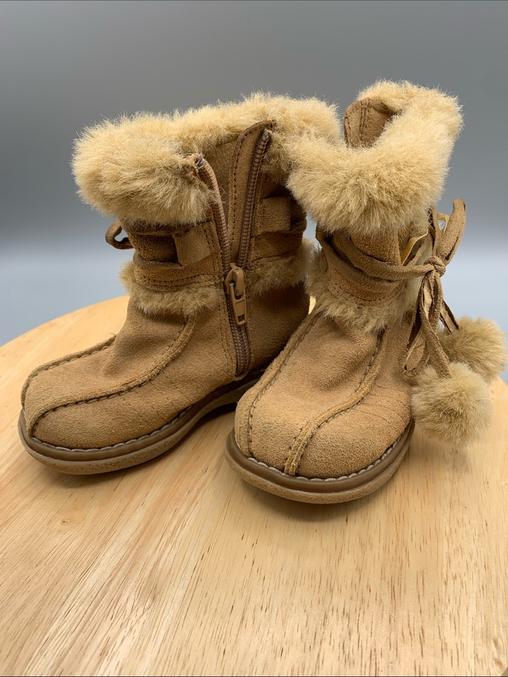 Cherokee Tan Suede Faux-Fur Pom Booties